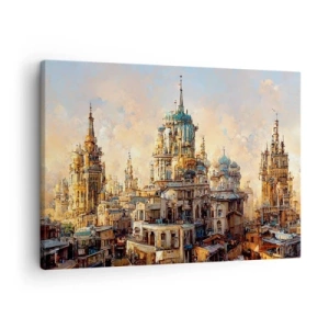 Obraz na płótnie - Architektoniczne wieże w promieniach zachodzącego słońca - 70x50cm - Miasto miast - Nowoczesna dekoracja ścienna do salonu i sypialni ARTTOR