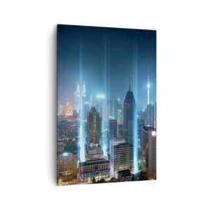 Obraz na płótnie - Nowoczesne miasto nocą z futurystycznymi świetlnymi akcentami - 70x100cm - Po berlińsku do nieba - Nowoczesna dekoracja ścienna do salonu i sypialni ARTTOR