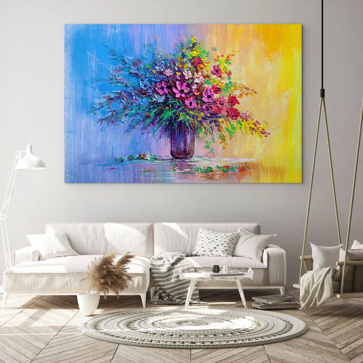 Obraz na szkle - Kolorowy bukiet kwiatów w wazonie na abstrakcyjnym tle - 100x70cm - Dar letnirj łąki - Nowoczesna dekoracja ścienna do salonu, kuchni i sypialni ARTTOR