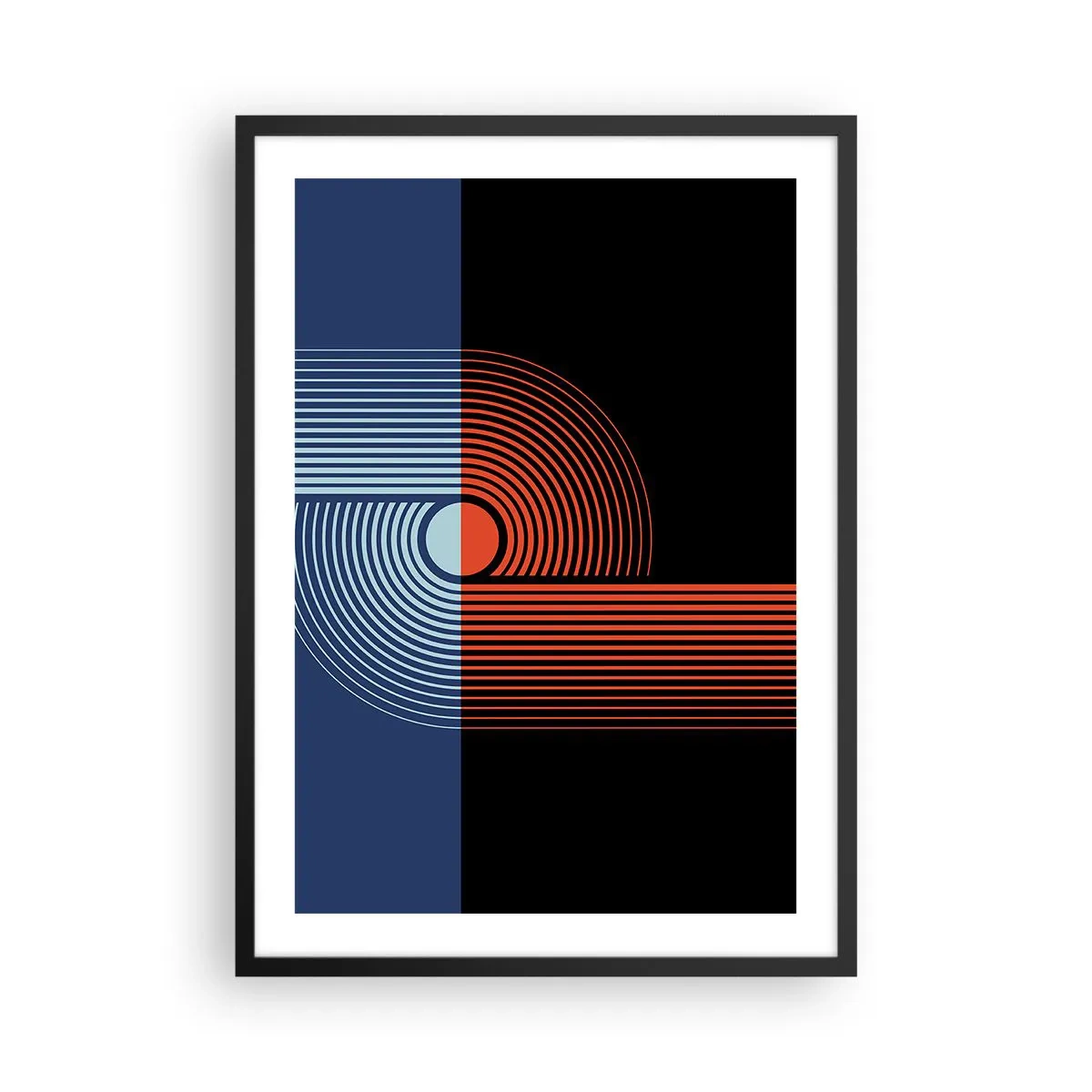 Plakat w czarnej ramie - Geometryczna kompozycja z liniami w kolorach granatu i pomarańczu - 50x70cm - W geometrycznym uścisku - Nowoczesna dekoracja ścienna do salonu i sypialni ARTTOR