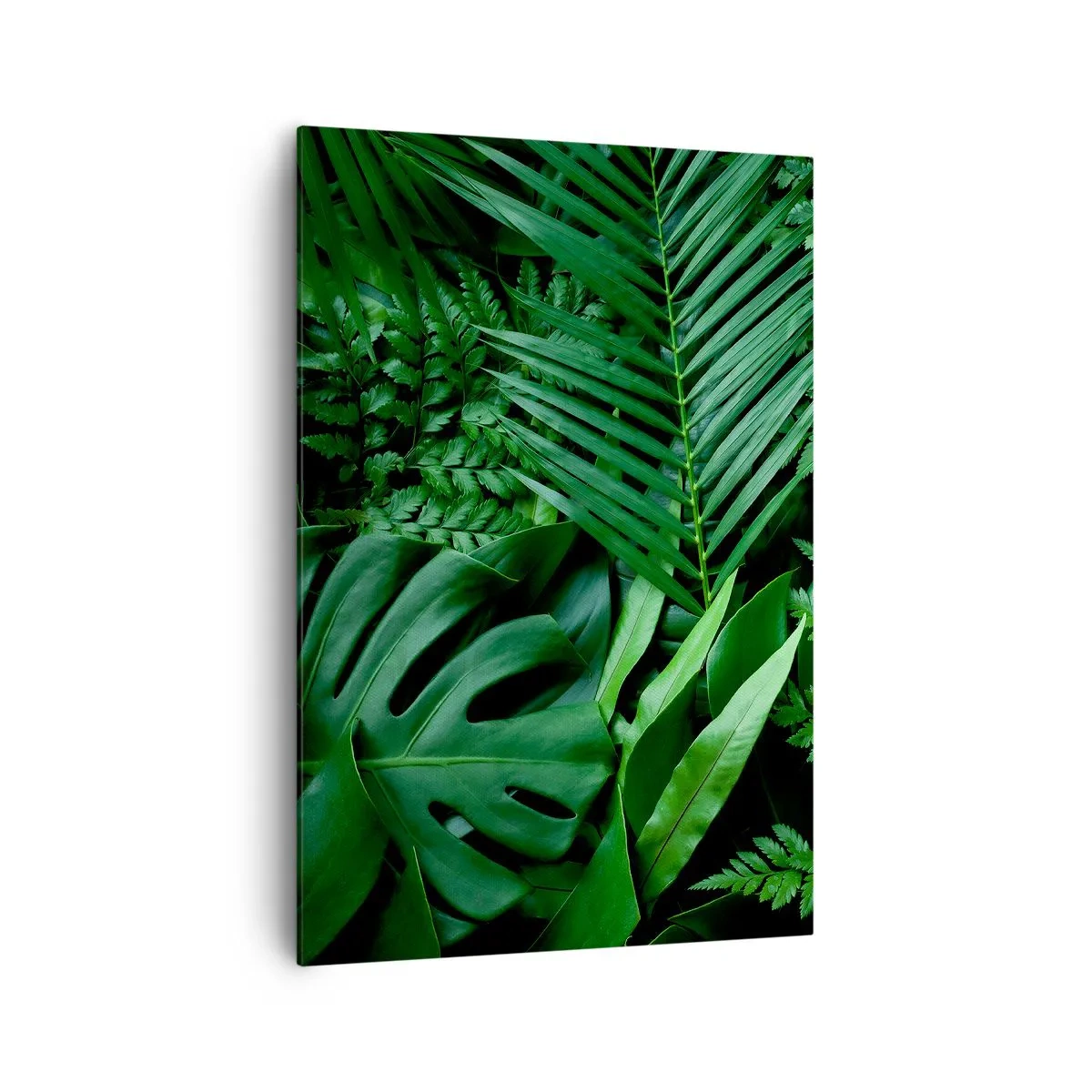 Obraz na płótnie - Zielone liście tropikalne w gęstej i naturalnej kompozycji - 70x100cm - Utulone w zieleni - Nowoczesna dekoracja ścienna do salonu i sypialni ARTTOR