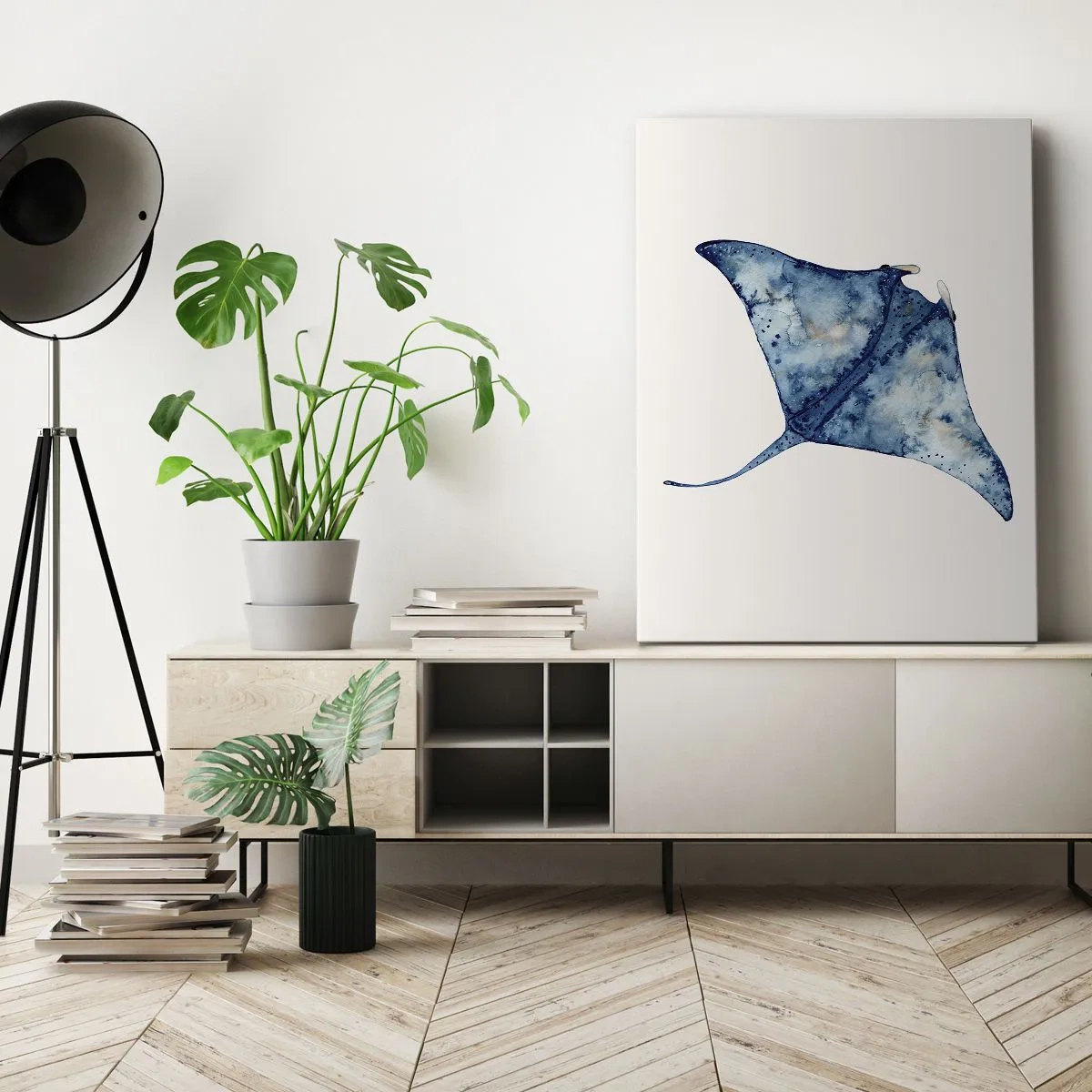 Obraz na płótnie - Akwarelowa ilustracja płaszczki w odcieniach niebieskiego - 50x70cm - Życie w błękicie - Nowoczesna dekoracja ścienna do salonu, kuchni i sypialni ARTTOR