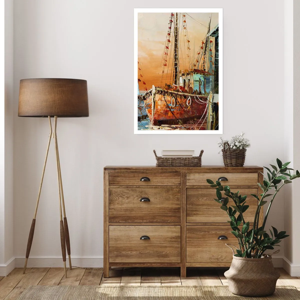 Plakat - Żaglowiec na tle zachodzącego słońca - 50x70cm - Spokojny powrót - Nowoczesna dekoracja ścienna do salonu, kuchni i sypialni ARTTOR