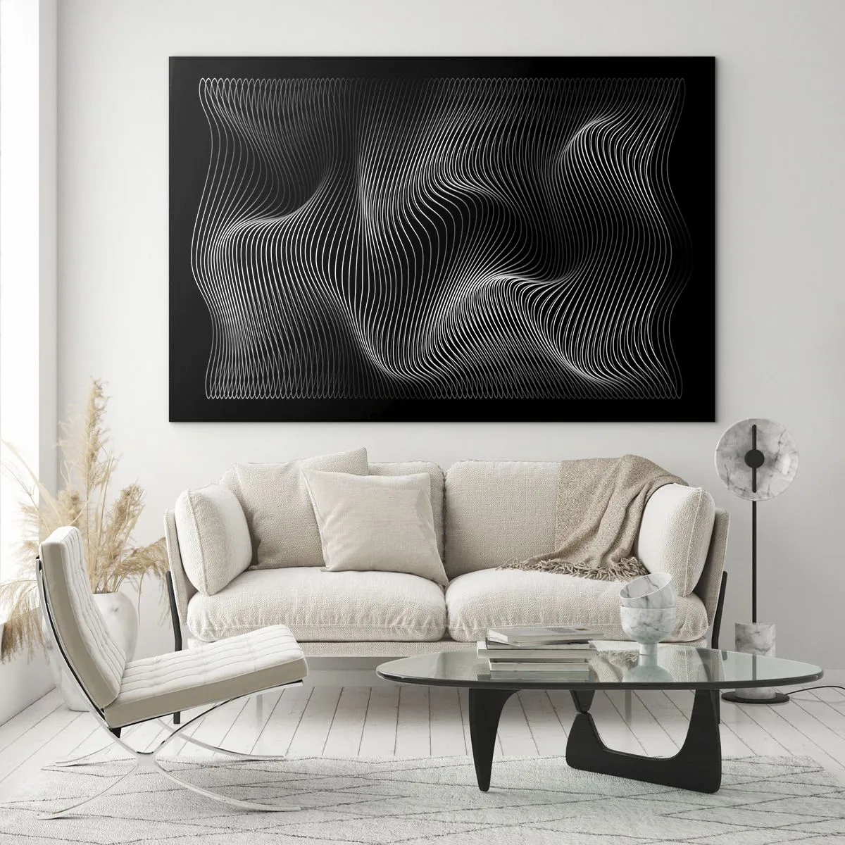 Obraz na szkle - Hipnotyzujące białe linie falujące na czarnym tle - 70x50cm - Taniec światła w przestrzeni - Nowoczesna dekoracja ścienna do salonu i sypialni ARTTOR