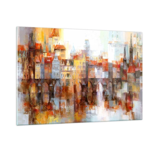 Obraz na szkle - Kolorowa panorama miasta z mostem i odbiciem w wodzie - 120x80cm - Pod mostem też pięknie - Nowoczesna dekoracja ścienna do salonu, kuchni i sypialni ARTTOR