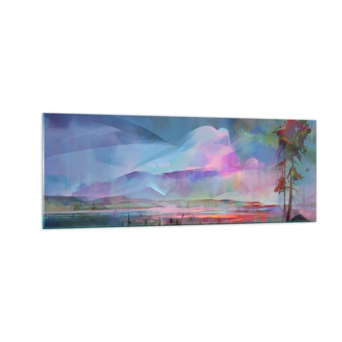 Obraz na szkle - Pejzaż górski z kolorowym niebem i wioską - 140x50cm - Pod życzliwym niebem - Nowoczesna dekoracja ścienna do salonu i sypialni ARTTOR