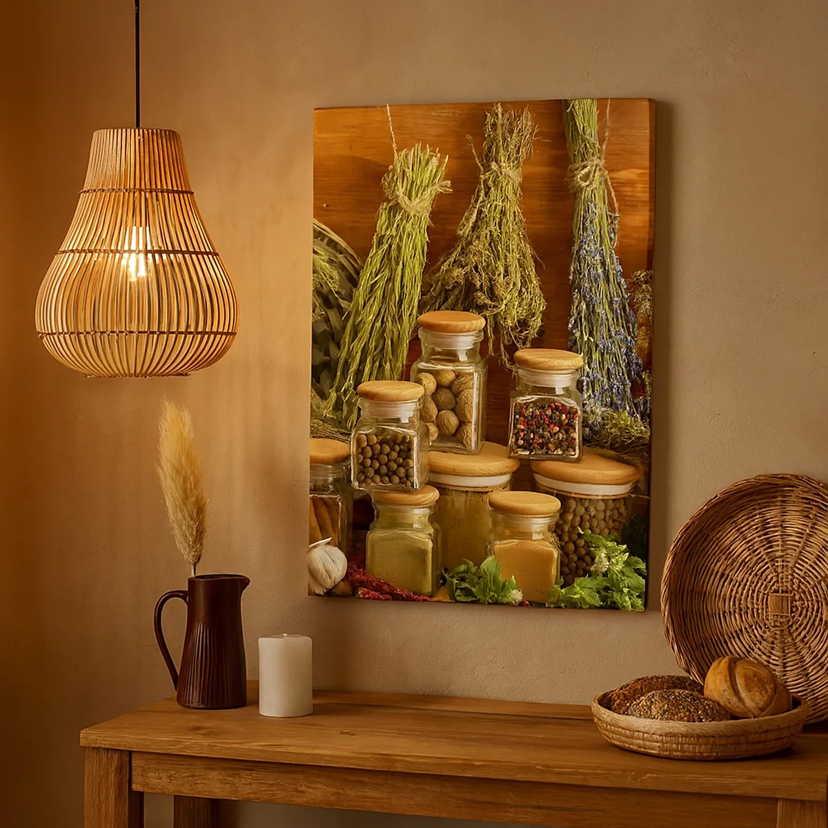 Obraz na płótnie - Suszone zioła i przyprawy w szklanych słoikach na drewnie - 50x70cm - Kuchenne czary - Nowoczesna dekoracja ścienna do salonu, kuchni i sypialni ARTTOR