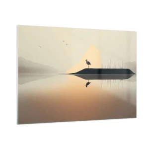 Obraz na szkle - Czapla stojąca na wysepce wśród spokojnych wód jeziora - 100x70cm - Pan na jeziorze - Nowoczesna dekoracja ścienna do salonu, kuchni i sypialni ARTTOR