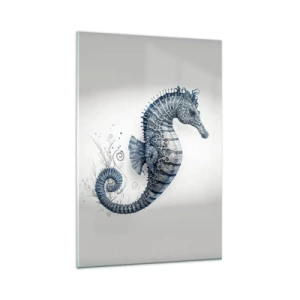 Obraz na szkle - Konik morski w odcieniach niebieskiego z detalami akwareli - 80x120cm - Subtelny żart natury - Nowoczesna dekoracja ścienna do salonu i sypialni ARTTOR