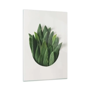Obraz na szkle - Kompozycja zielonych liści na jasnym tle - 80x120cm - Nieposkromiona ciekawość - Nowoczesna dekoracja ścienna do salonu i sypialni ARTTOR