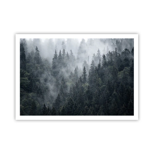 Plakat - Mglisty las iglasty w tonacji szarości i zieleni - 100x70cm - Leśny świt - Nowoczesna dekoracja ścienna do salonu i sypialni ARTTOR