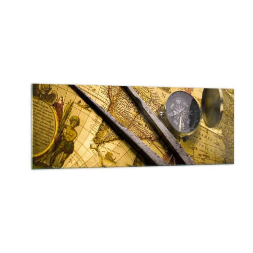 Obraz na szkle - Zabytkowa mapa świata z kompasem i cyrklem na tle - 140x50cm - Gdze te skarby? - Nowoczesna dekoracja ścienna do salonu i sypialni ARTTOR