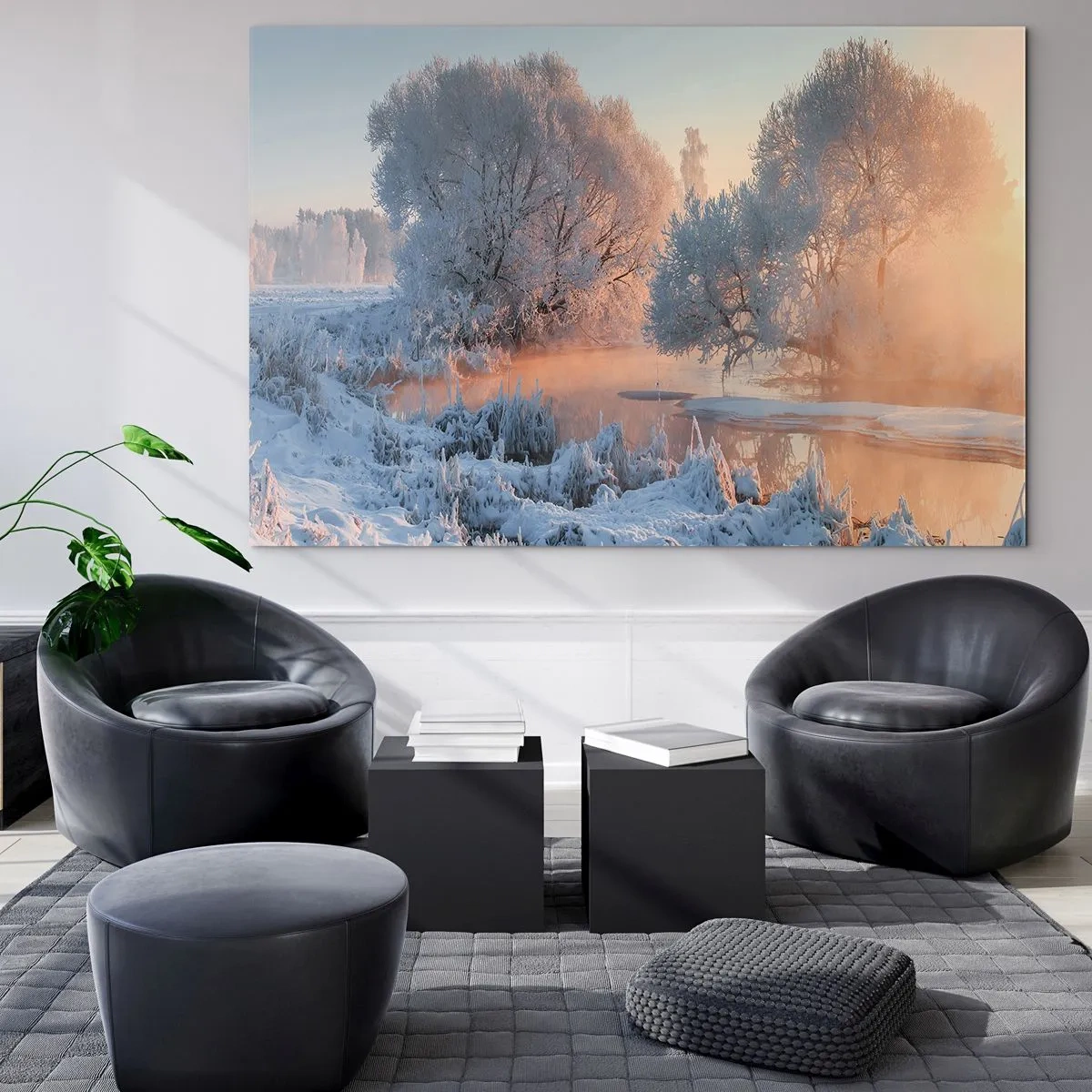 Obraz na szkle - Zimowy krajobraz z zamarzniętym jeziorem i mgłą o poranku - 70x50cm - Wszystko w słonecznym lśni krysztale - Nowoczesna dekoracja ścienna do salonu i sypialni ARTTOR
