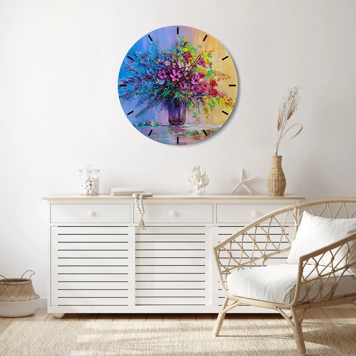 Zegar ścienny - Bukiet kolorowych kwiatów w szklanym wazonie na tle pastelowym - 30x30cm - Dar letnirj łąki - Nowoczesna dekoracja ścienna do salonu, kuchni i sypialni ARTTOR