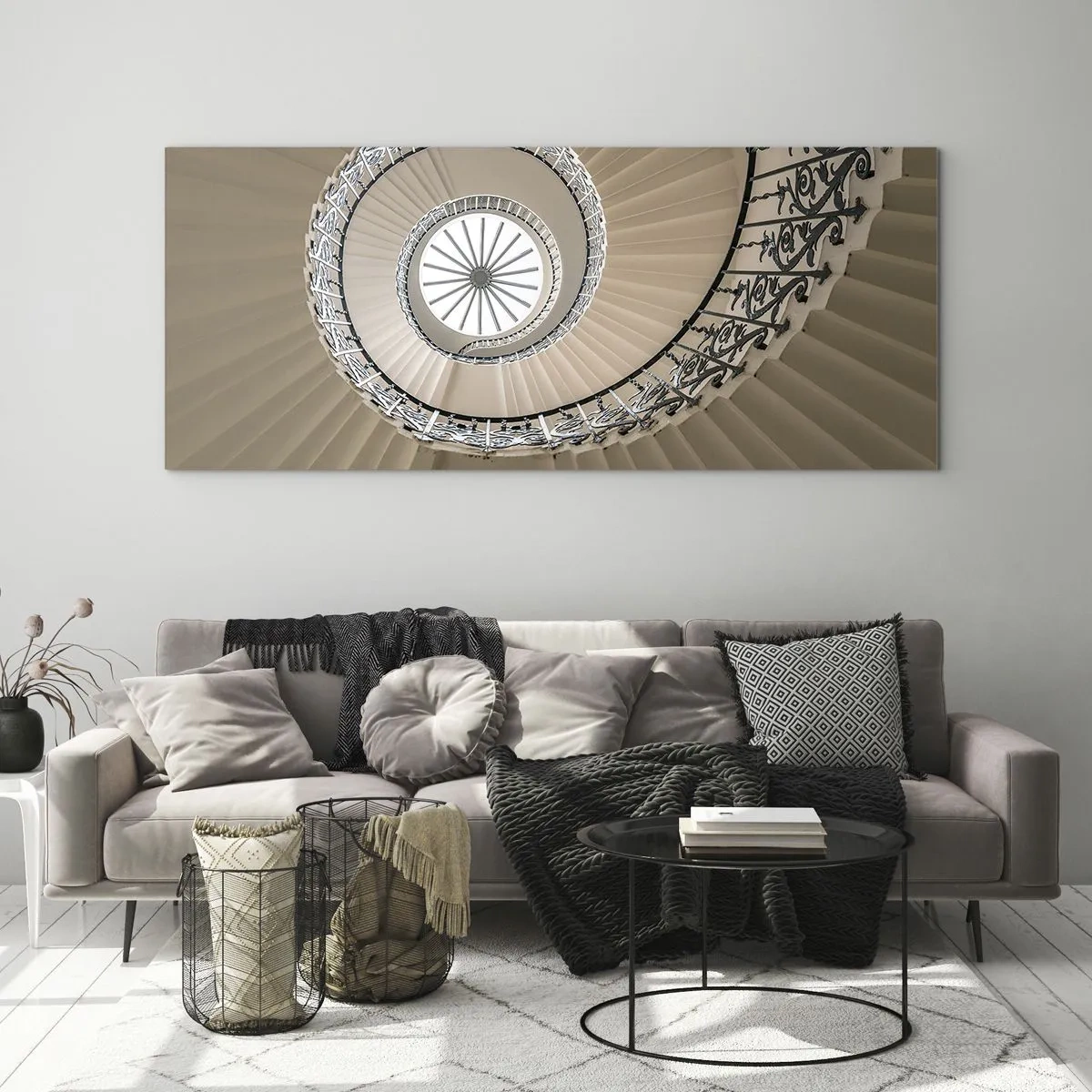 Obraz na szkle - Spiralne schody w eleganckim ujęciu geometrycznym - 120x50cm - W środku muszli - Nowoczesna dekoracja ścienna do salonu i sypialni ARTTOR