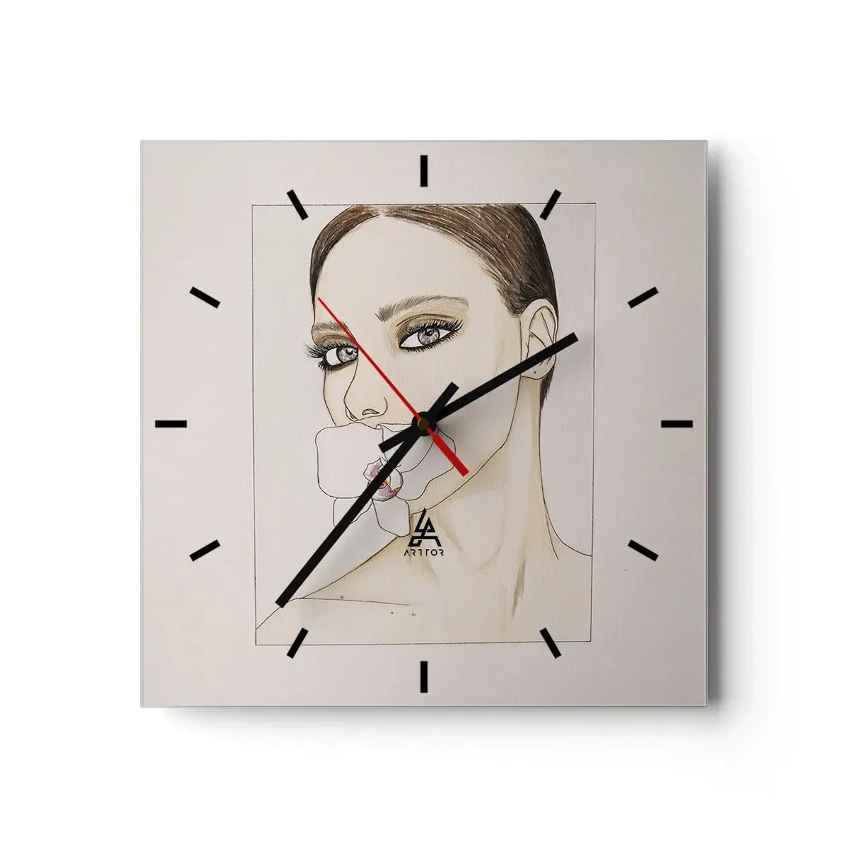 Zegar ścienny - Portret kobiety z orchideą w delikatnych barwach - 30x30cm - Symbol elegancji i piękna - Nowoczesna dekoracja ścienna do salonu i sypialni ARTTOR