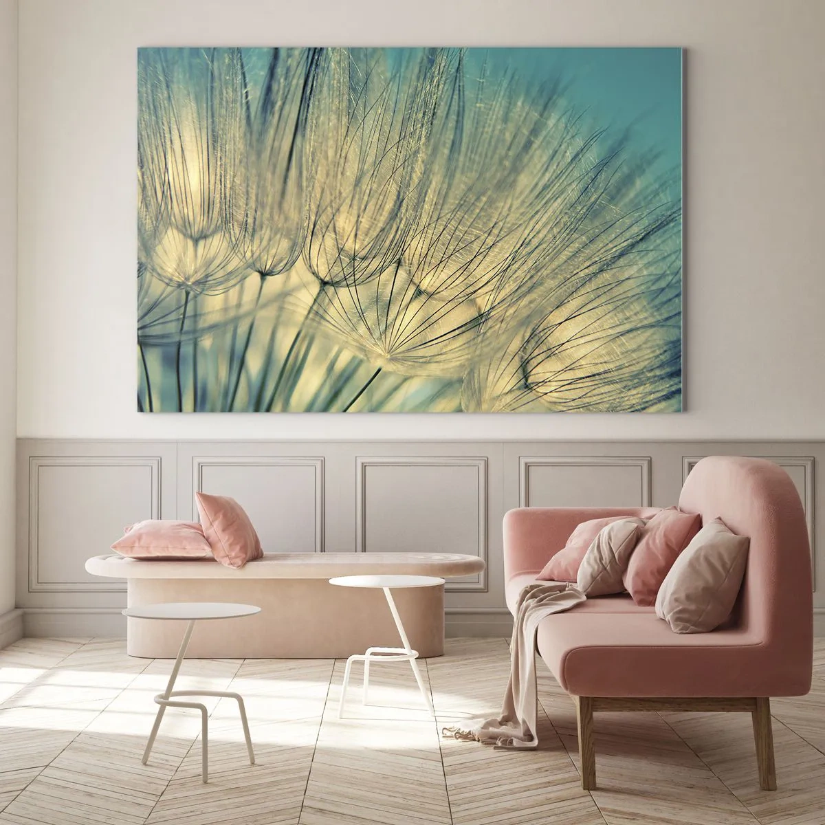 Obraz na szkle - Makrofotografia dmuchawca na turkusowym tle - 100x70cm - W oczekiwaniu na wiatr - Nowoczesna dekoracja ścienna do salonu, kuchni i sypialni ARTTOR