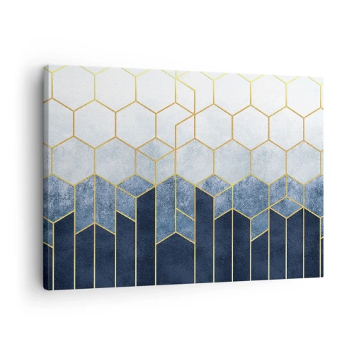 Obraz na płótnie - Geometryczny wzór w odcieniach złota i granatu - 70x50cm - Kompozycja w synkopowym rytmie - Nowoczesna dekoracja ścienna do salonu i sypialni ARTTOR