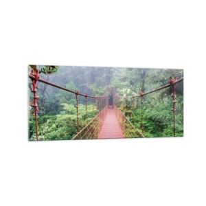 Obraz na szkle - Most wiszący w tropikalnej dżungli otoczony mgłą - 120x50cm - Zawieszony nad koronami - Nowoczesna dekoracja ścienna do salonu i sypialni ARTTOR