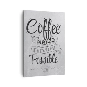 Obraz na płótnie - Czarno-biały napis 'Coffee makes everything possible' w stylu vintage - 70x100cm - Jak tu nie kochać kawy - Nowoczesna dekoracja ścienna do salonu i sypialni ARTTOR