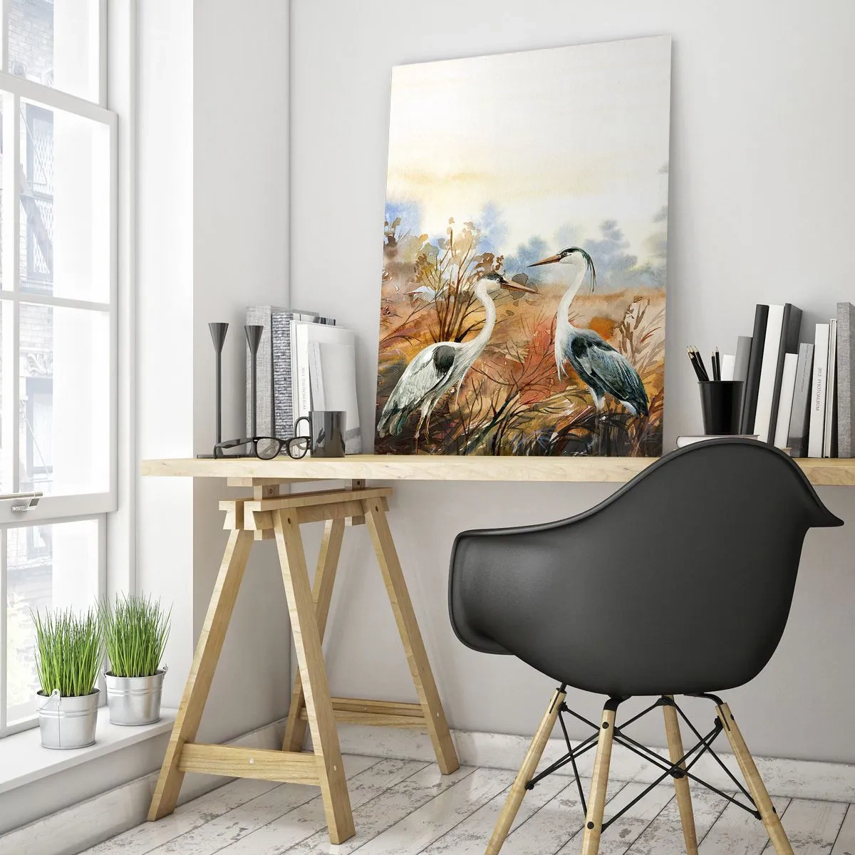 Obraz na szkle - Dwa żurawie w jesiennym pejzażu malowanym akwarelą - 50x70cm - Dokąd jesienią? - Nowoczesna dekoracja ścienna do salonu, kuchni i sypialni ARTTOR