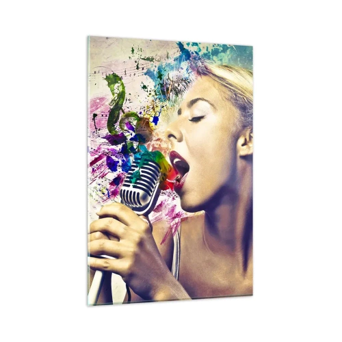 Obraz na szkle - Artystyczny portret kobiety śpiewającej z kolorowymi efektami - 80x120cm - Pomalować głosem świat - Nowoczesna dekoracja ścienna do salonu i sypialni ARTTOR