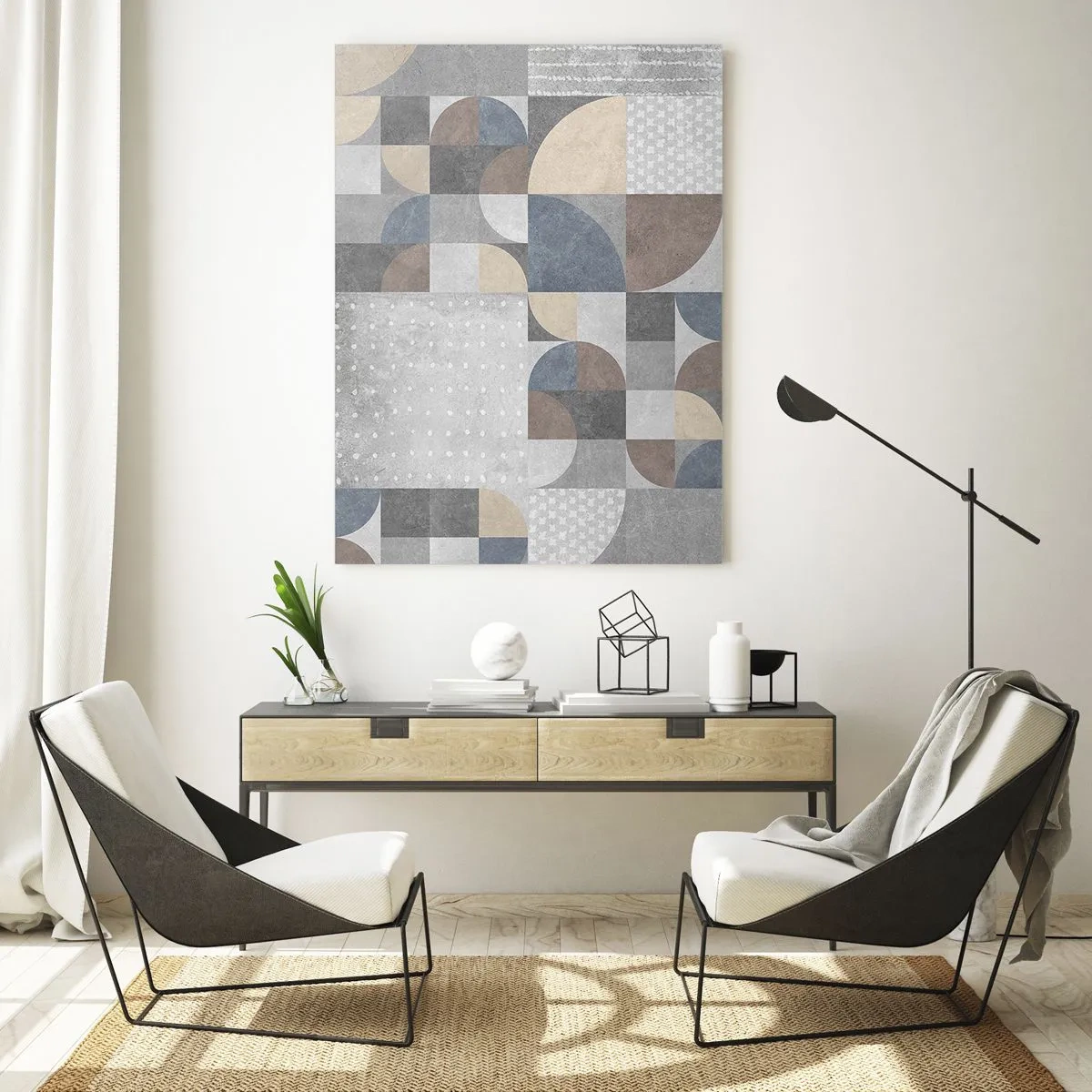 Obraz na szkle - Abstrakcyjna kompozycja geometryczna z różnymi kształtami i odcieniami szarości - 50x70cm - Ceramiczna fantazja - Nowoczesna dekoracja ścienna do salonu, kuchni i sypialni ARTTOR