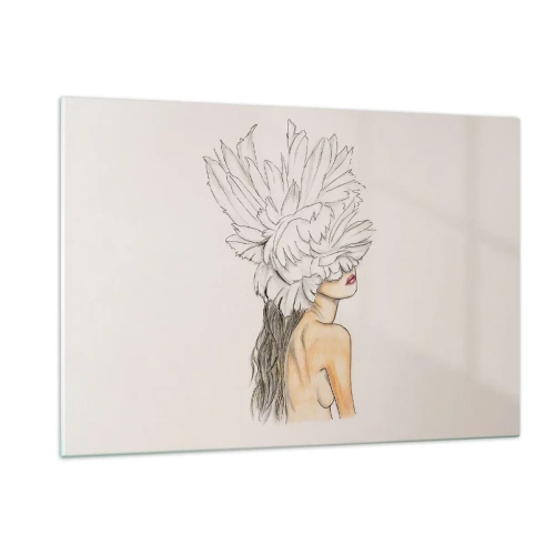 Obraz na szkle - Rysunek kobiety z długimi włosami i koroną z dużych piór - 120x80cm - Piękność ukoronowana - Nowoczesna dekoracja ścienna do salonu, kuchni i sypialni ARTTOR
