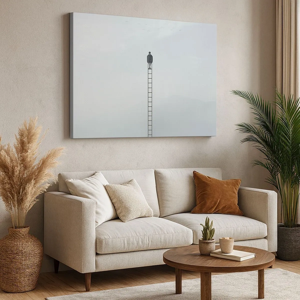 Obraz na płótnie - Mężczyzna na drabinie wznoszącej się w niebo - 70x50cm - Wznieś się ponadto - Nowoczesna dekoracja ścienna do salonu i sypialni ARTTOR