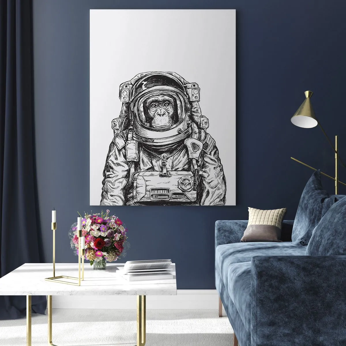 Obraz na szkle - Szkic małpy w stroju astronauty na białym tle - 50x70cm - Alternatywna ewolucja - Nowoczesna dekoracja ścienna do salonu, kuchni i sypialni ARTTOR