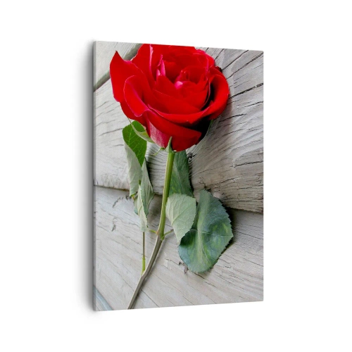 Obraz na płótnie - Czerwona róża na tle drewnianych desek - 50x70cm - Studium w szkarłacie - Nowoczesna dekoracja ścienna do salonu, kuchni i sypialni ARTTOR