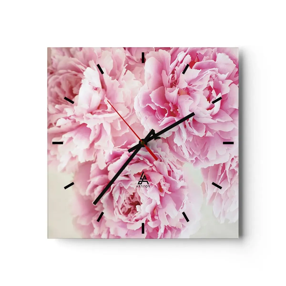 Zegar ścienny - Bukiet różowych piwonii na jasnym tle - 30x30cm - W różowym przepychu - Nowoczesna dekoracja ścienna do salonu i sypialni ARTTOR
