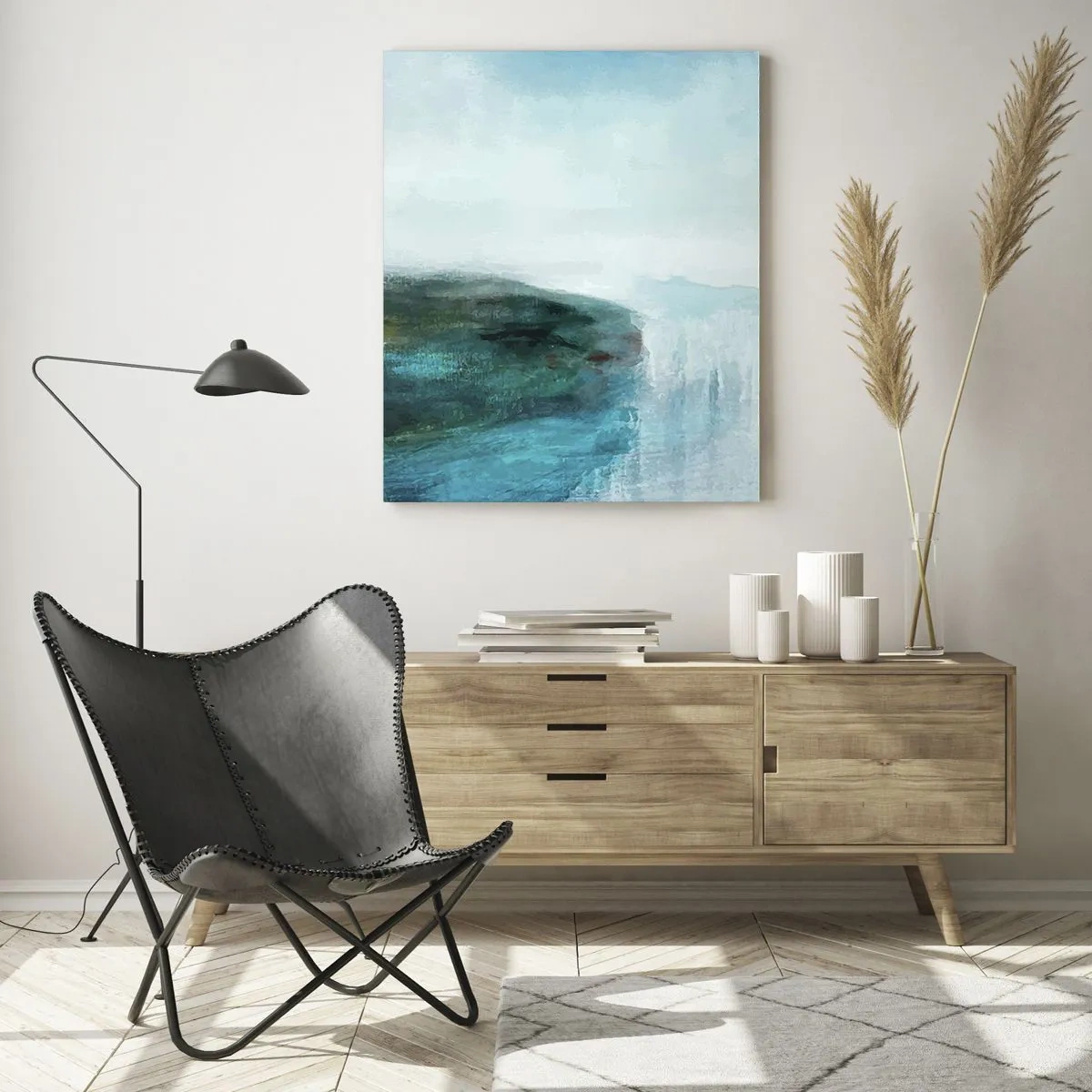 Obraz na szkle - Abstrakcyjny krajobraz w odcieniach turkusu i szarości - 70x100cm - Abstrakcja marynistyczna - Nowoczesna dekoracja ścienna do salonu i sypialni ARTTOR