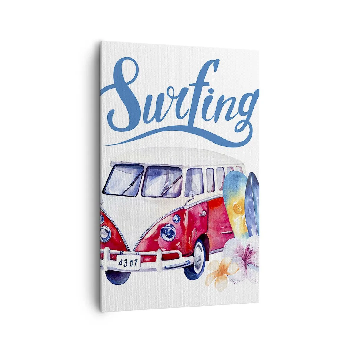 Obraz na płótnie - Kolorowa grafika z busem i motywem surfingu - 80x120cm - Ogórek - klasyk dla surfera - Nowoczesna dekoracja ścienna do salonu i sypialni ARTTOR