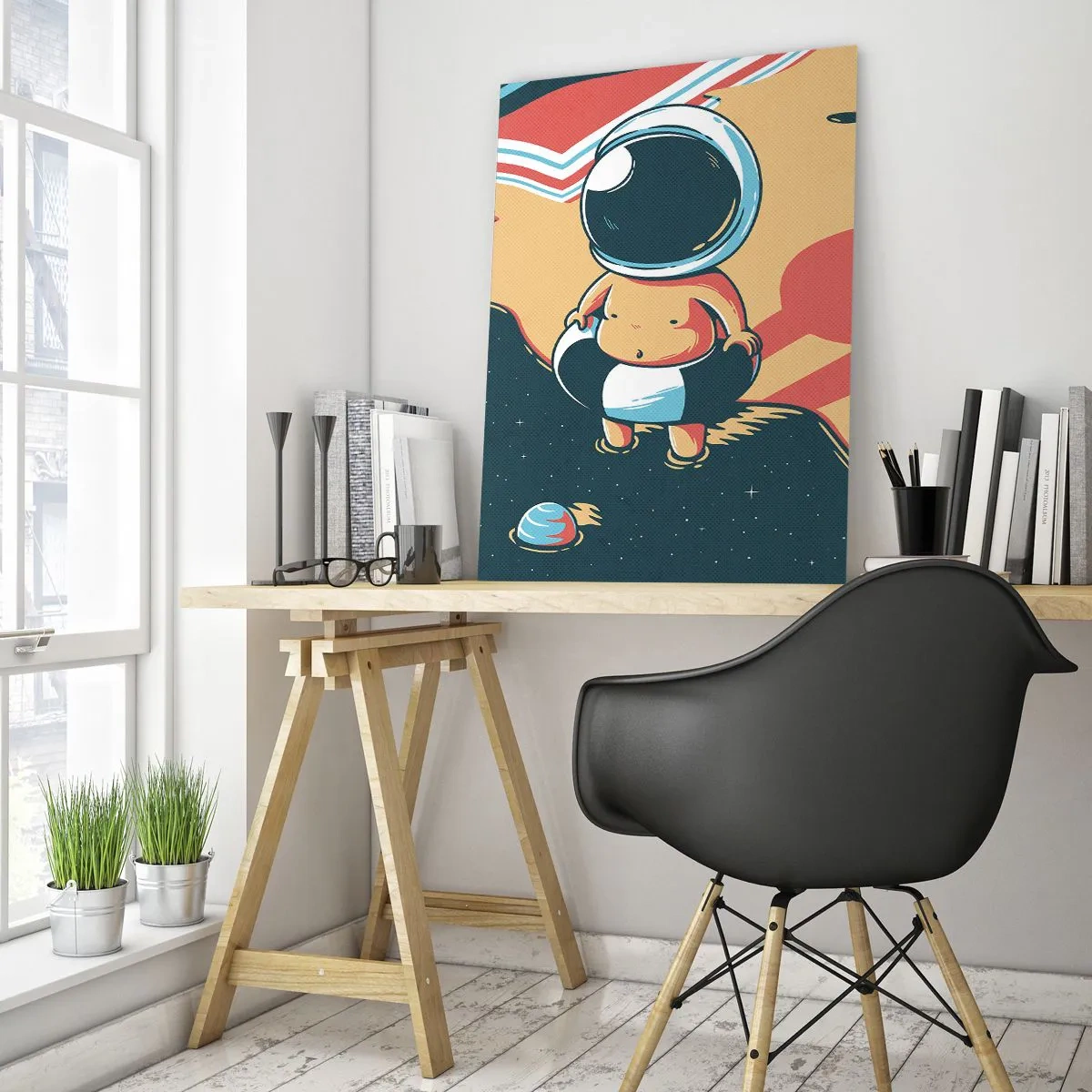 Obraz na szkle - Zabawny astronauta na plaży z kosmicznymi elementami w tle - 80x120cm - Z innej perspektywy - Nowoczesna dekoracja ścienna do salonu i sypialni ARTTOR