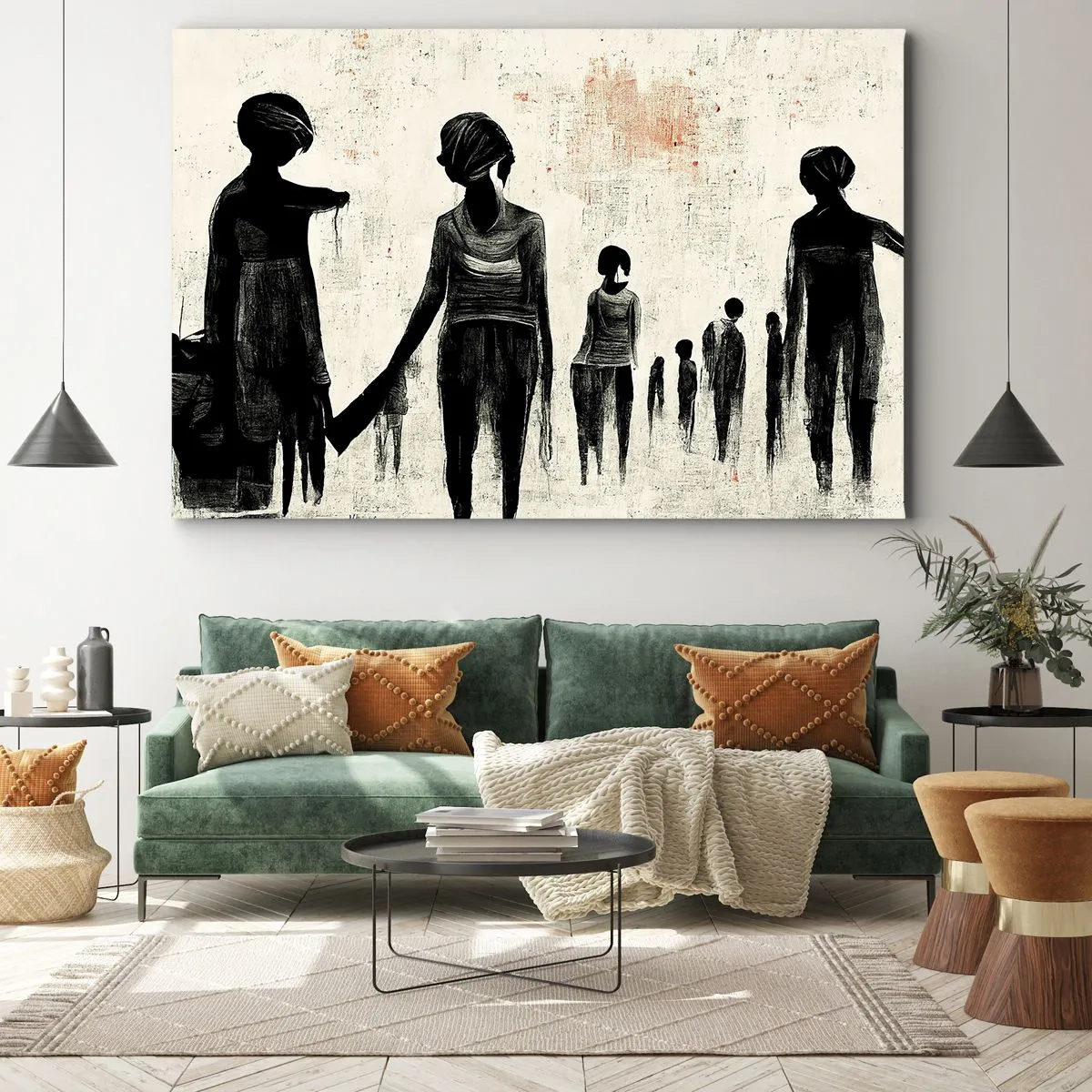 Obraz na płótnie - Postacie w monochromatycznej kompozycji na jasnym tle - 70x50cm - Przeciw samotności - Nowoczesna dekoracja ścienna do salonu i sypialni ARTTOR