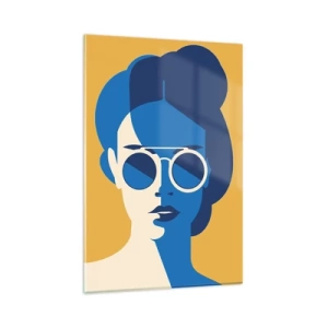 Obraz na szkle - Nowoczesna grafika przedstawiająca stylizowany portret kobiety w okularach przeciwsłonecznych - 80x120cm - Wakacyjny look - Nowoczesna dekoracja ścienna do salonu i sypialni ARTTOR