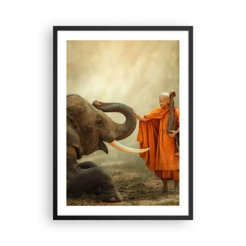 Plakat w czarnej ramie - Mnich w pomarańczowej szacie z słoniem w tle - 50x70cm - Spotkanie w podróży - Nowoczesna dekoracja ścienna do salonu i sypialni ARTTOR