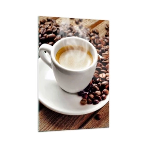 Obraz na szkle - Filiżanka aromatycznej kawy na tle ziaren i liścia - 70x100cm - Kawa na ławie - Nowoczesna dekoracja ścienna do salonu i sypialni ARTTOR