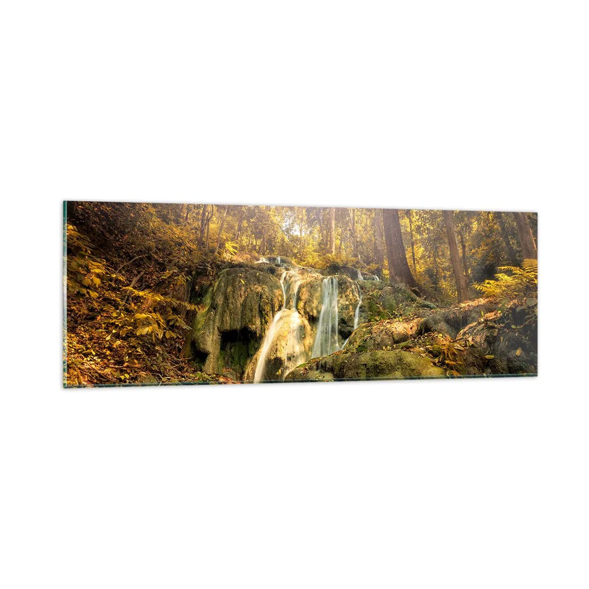 Obraz na szkle - Leśna kaskada w zieleni - 90x30 cm