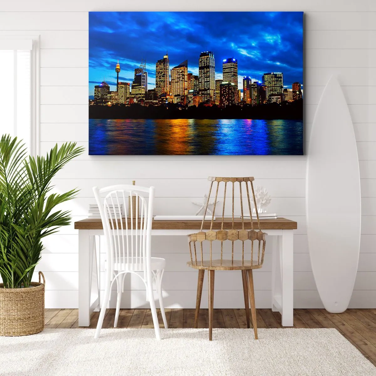 Obraz na płótnie - Panorama nocnego miasta z podświetlonymi wieżowcami nad wodą - 120x80cm - Noc świateł i barw - Nowoczesna dekoracja ścienna do salonu, kuchni i sypialni ARTTOR