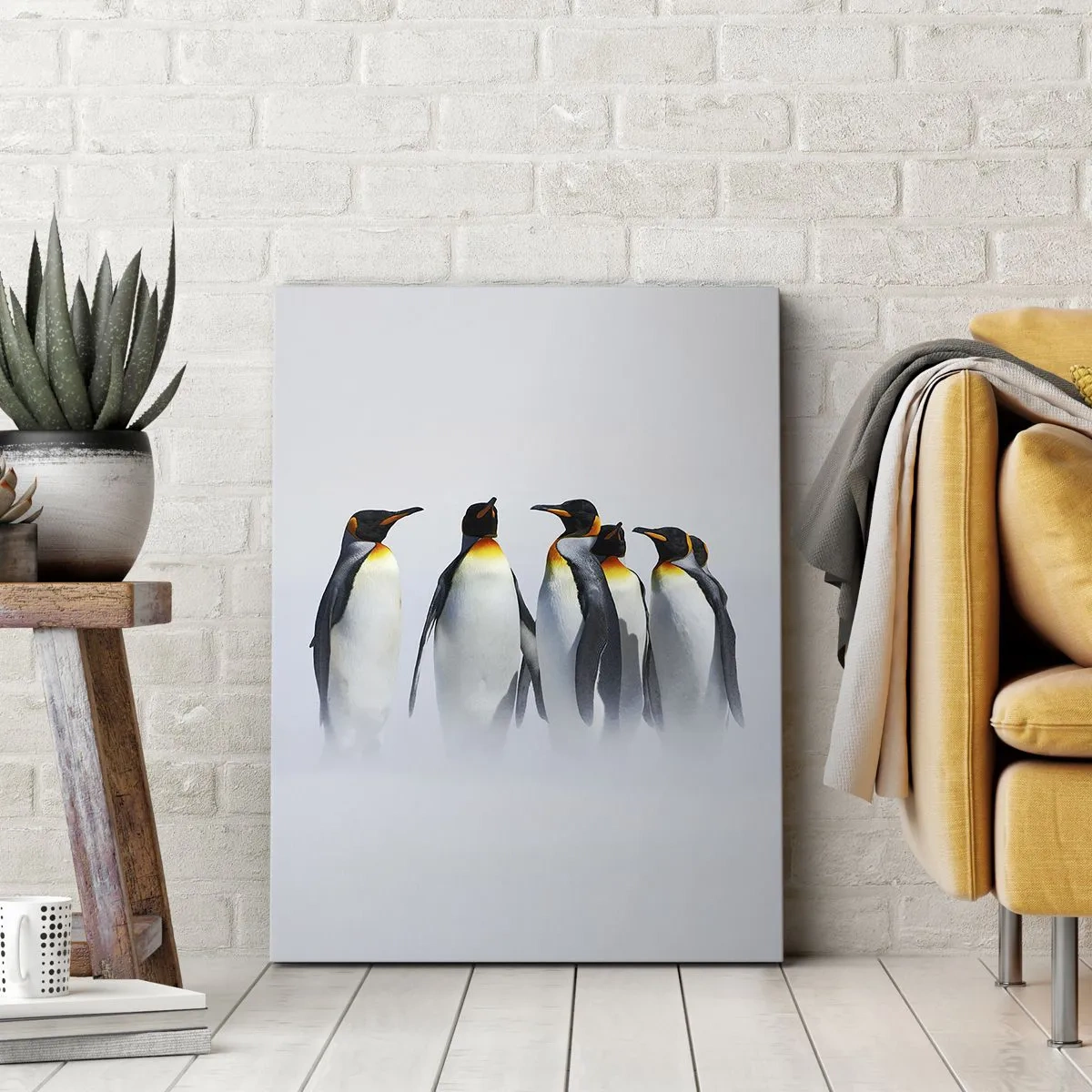 Obraz na płótnie - Grupa pingwinów w zimowej scenerii - 50x70cm - Spotkanie w wieczorowych strojach - Nowoczesna dekoracja ścienna do salonu, kuchni i sypialni ARTTOR