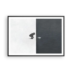 Plakat w czarnej ramie - Postać dziecka z papierową łódką na tle kontrastowych połówek - 100x70cm - Wielka wyprawa - Nowoczesna dekoracja ścienna do salonu i sypialni ARTTOR