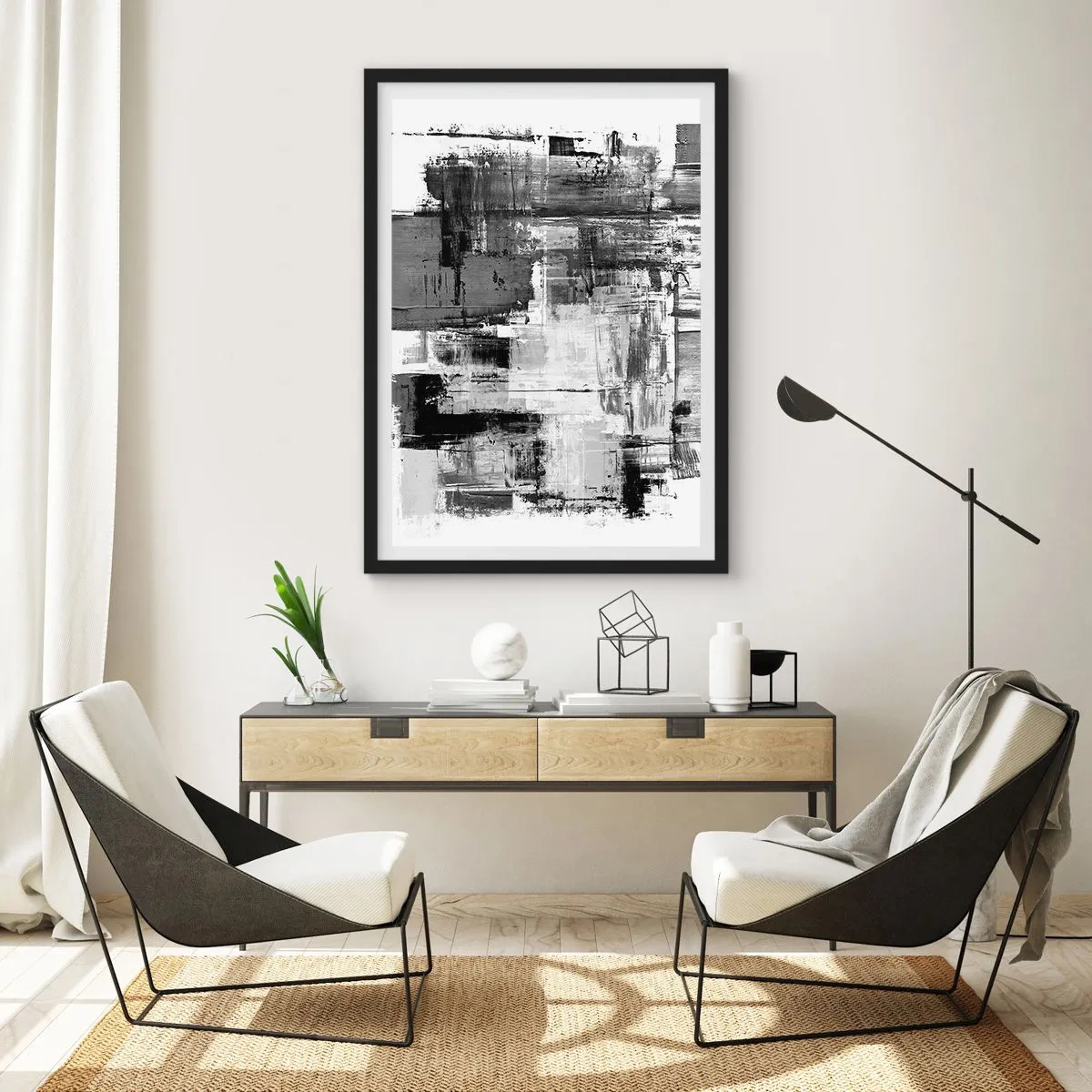 Plakat w czarnej ramie - Abstrakcyjna kompozycja w odcieniach czerni, bieli i szarości - 50x70cm - Szare jest piękne - Nowoczesna dekoracja ścienna do salonu i sypialni ARTTOR