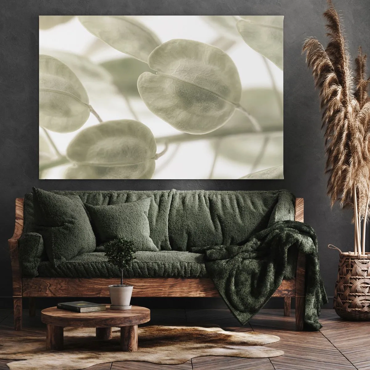 Obraz na płótnie - Delikatny obraz liści w pastelowych odcieniach zieleni na jasnym tle - 70x50cm - Na początku były listki… - Nowoczesna dekoracja ścienna do salonu i sypialni ARTTOR