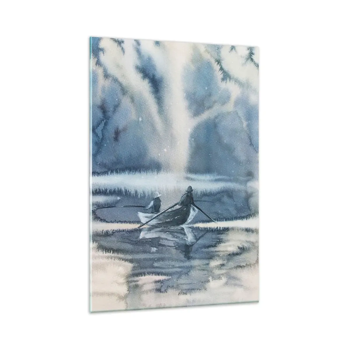 Obraz na szkle - Akwarelowy krajobraz z łodziami na jeziorze otoczonym mglistym lasem - 80x120cm - Wędkarze w swoim raju - Nowoczesna dekoracja ścienna do salonu i sypialni ARTTOR