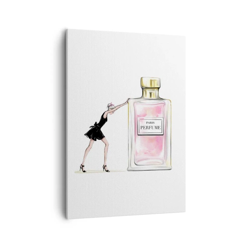 Obraz na płótnie - Elegancka ilustracja kobiety w czarnej sukience przy dużym flakonie perfum - 50x70cm - Esencja kobiecości - Nowoczesna dekoracja ścienna do salonu, kuchni i sypialni ARTTOR