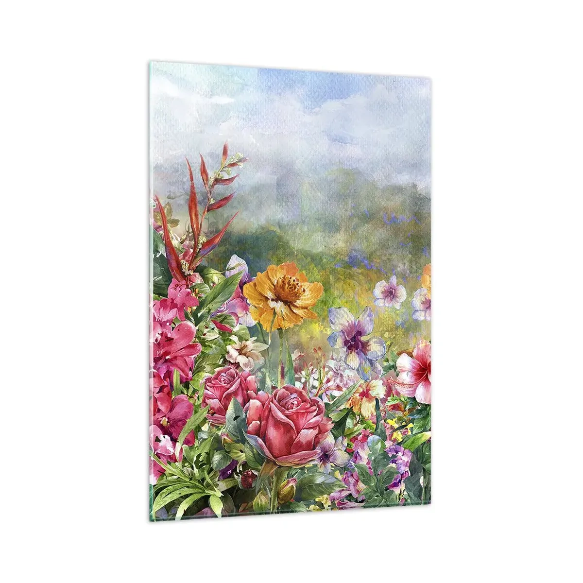 Obraz na szkle - Barwna kompozycja kwiatów na tle pejzażu w pastelowych kolorach - 80x120cm - Ogród, który oszalał - Nowoczesna dekoracja ścienna do salonu i sypialni ARTTOR