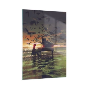 Obraz na szkle - Pianistka grająca na fortepianie na plaży przy zachodzie słońca - 50x70cm - Koncert na fortepian i fale - Nowoczesna dekoracja ścienna do salonu, kuchni i sypialni ARTTOR