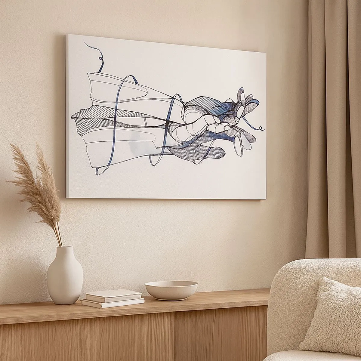 Obraz na płótnie - Subtelny rysunek dłoni z delikatnym kwiatem - 70x50cm - Studium dotyku - Nowoczesna dekoracja ścienna do salonu i sypialni ARTTOR